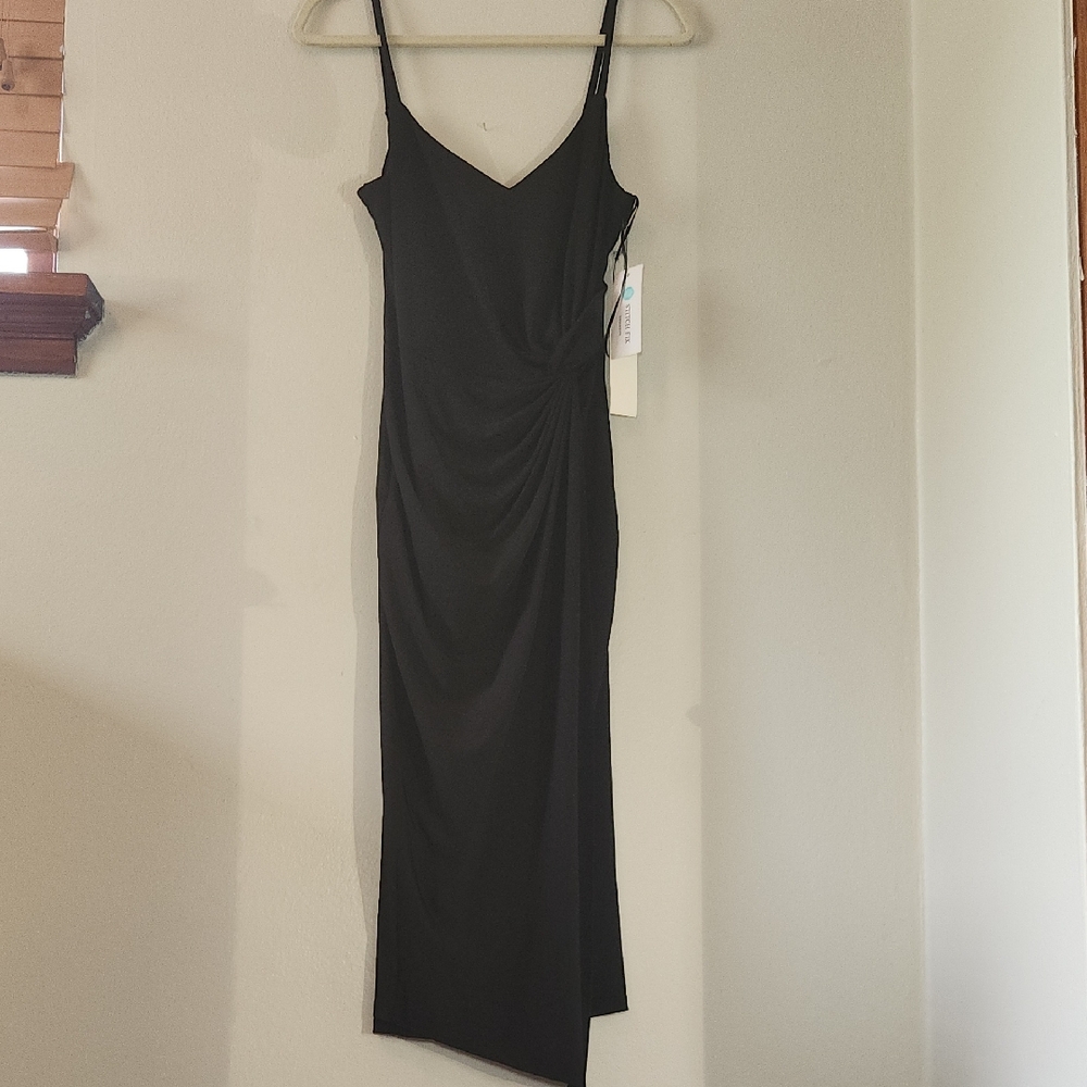 Nine Britton Black Ruched Asymmetrical Cocktail Dress Slit Thin Straps Size M